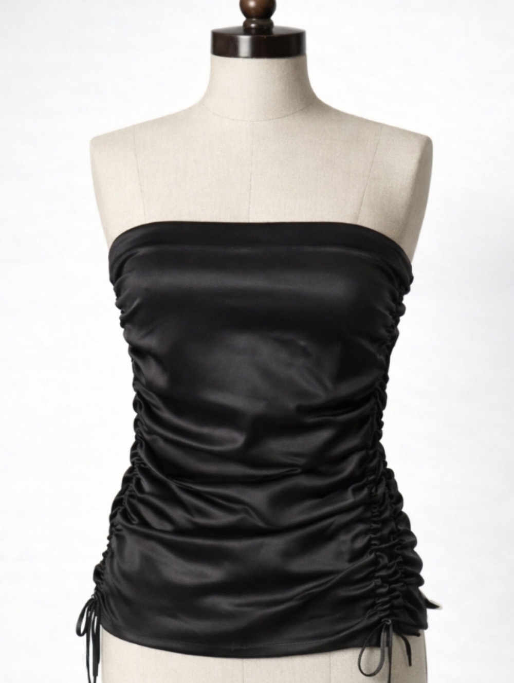 ZARA Strapless Black Satin Ruched Tube Top • Size Small